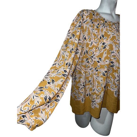 DR2 Top Size L Yellow Floral Accordion Pleats Long Sleeve Lightweight Blouse - Picture 3 of 11